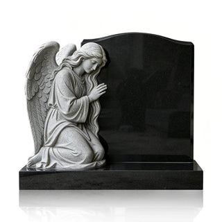 Black granite angel headstone with kneeling guardian angel sculpture for cemetery VSM-147
