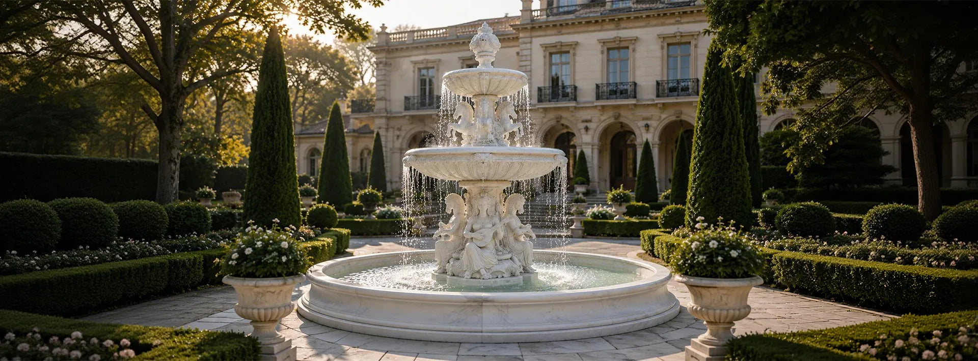 Hand-carved classical marble water fountain featuring horse and female figure sculptures.