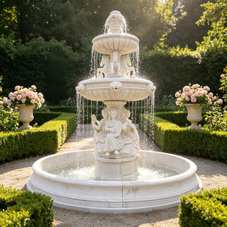Three-tier European marble fountain with horse and female figures for outdoor garden VSM-139