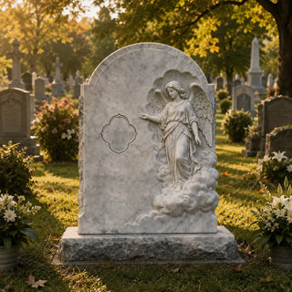 Hand-carved gray marble angel headstone with guardian angel relief for cemetery grave VSM-61