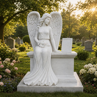 Victory Sculptures Hand carved marble sitting angel memorial headstone for cemetery VSM-130