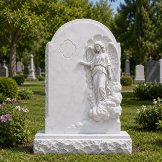 Hand-carved marble angel headstone with guardian angel relief for cemetery grave VSM-61