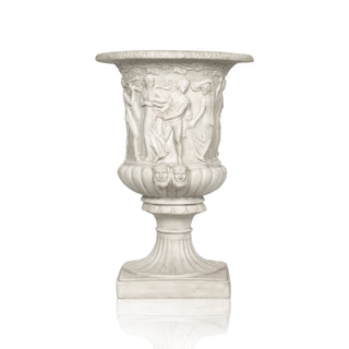 Large marble urn planter in classical Greek style with decorative relief sculpture for outdoor use