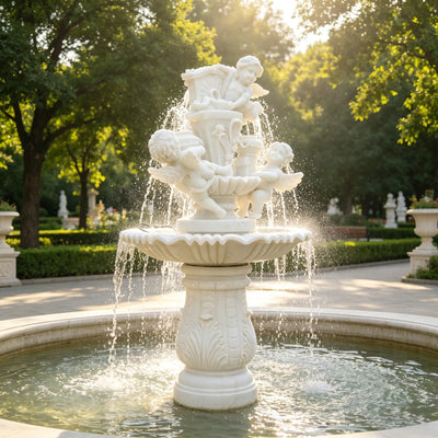 Hand-carved marble fountain, classic garden water feature for garden, patio and courtyard decor