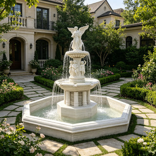 White marble tiered angel fountain with cherub statues for garden decor and courtyard VSM-138