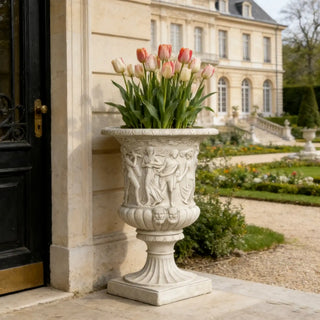 Hand carved marble mythology urn planter with Greek relief figures for garden and villa decor
