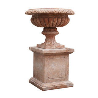 Victory Sculptures Hand-carved red marble fluted planter with pedestal for luxury gardens