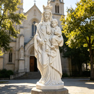 Marble Virgin Mary and Child Statue, Classical Catholic Sculpture for Church and Home Prayer Space