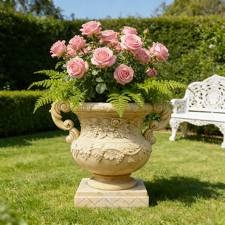 Beige marble urn planter with floral and grapevine relief  VICTORY VSM-40