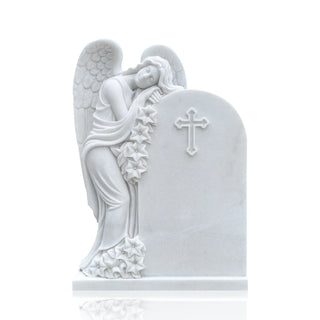VICTORY Hand-carved white marble angel memorial headstone for cemetery tribute VSM-128
