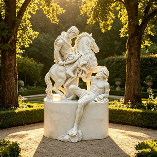 Hand-carved white marble equestrian sculpture in classical European style for luxury outdoor decor