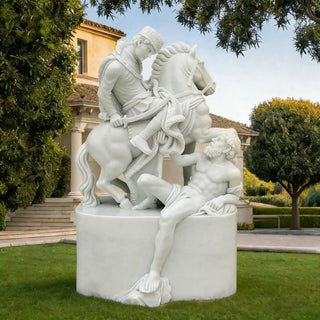 Hand-carved white marble equestrian sculpture in classical European style for luxury decor