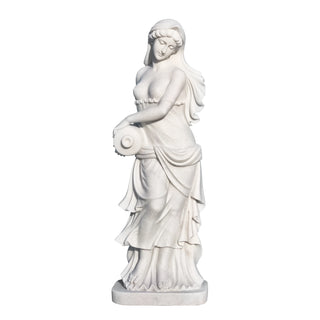 Hand-carved white marble female statue displayed in luxury villa outdoor landscape