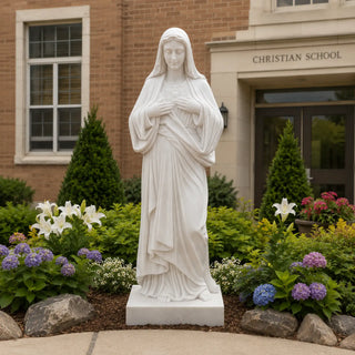 White marble Immaculate Heart of Mary statue, Virgin Mary with sacred heart on chest, Catholic religious sculpture