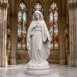 White marble Virgin Mary religious statue with Sacred Heart for church entrance and memorial garden