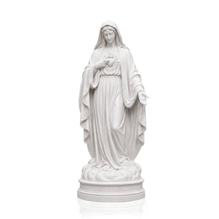 White marble Virgin Mary religious statue with Sacred Heart for church entrance and memorial garden