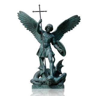 Outdoor custom  bronze Saint Michael religious statue featuring blue-green patina finish for churches and memorial gardens  