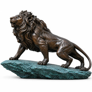 Bronze guardian lion statue with antique bronze finish and blue patina bronze base for luxury estate entrances