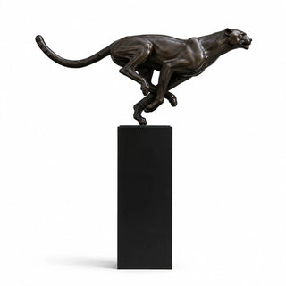 Modern handcrafted bronze black panther sculpture in dynamic running pose with pedestal VSB-149
