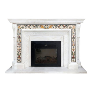 handcrafted European marble fireplace mantel VSM-21 showing detailed floral mosaic inlay pattern.