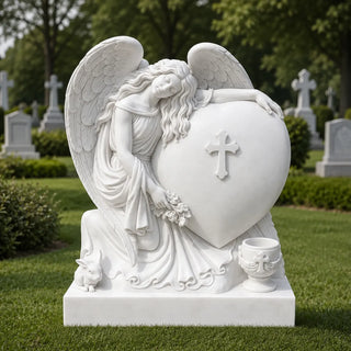 Hand carved white marble angel hugging heart headstone with cross for cemetery memorial decor