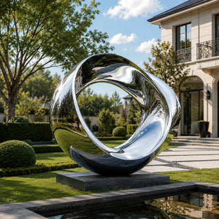 Large modern metal garden sculpture with polished stainless steel infinity loop for luxury outdoor landscapes