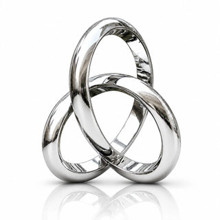 Interlocking ring stainless steel sculpture with three mirror polished loops for modern outdoor landscapes