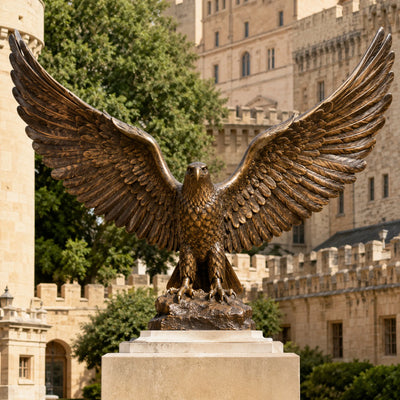 Handcrafted bronze bald eagle statue featuring detailed feathers and open wings for luxury garden and outdoor spaces