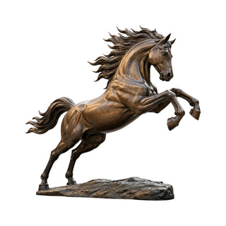 Rearing bronze horse sculpture featuring a majestic stallion with raised front legs and vintage bronze finish