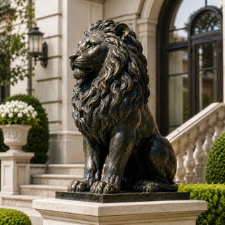 Large bronze guardian lion statue for luxury estate entrance with handcrafted antique bronze finish