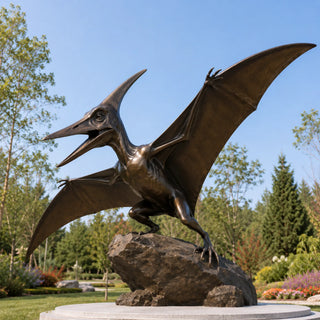 Large bronze pterosaur sculpture with open wings for dinosaur parks, museums, science centers, and outdoor attractions