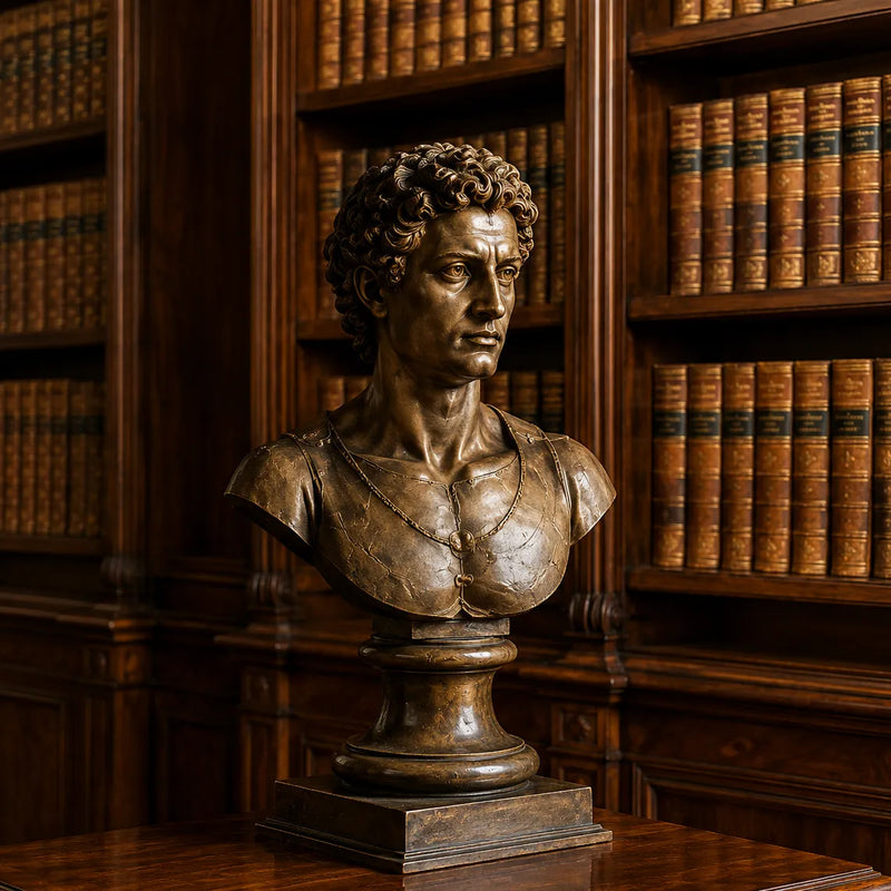 Antique-style bronze classical male bust statue, Renaissance-inspired sculpture for room decor