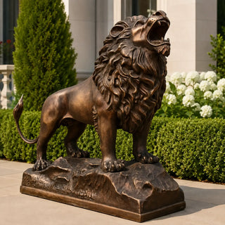 Large bronze roaring guardian lion statue with antique bronze finish for luxury estate entrances and outdoor landscapes