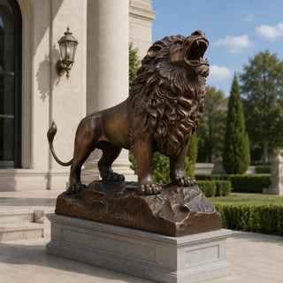 Handcrafted bronze roaring lion sculpture for luxury estate entrance, villa garden, and outdoor spaces.