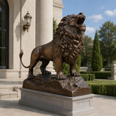 Handcrafted bronze roaring lion sculpture for luxury estate entrance, villa garden, and outdoor spaces.