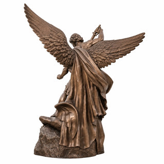 Bronze Archangel Michael religious monument displayed at church entrance  and memorial space VSB-141.