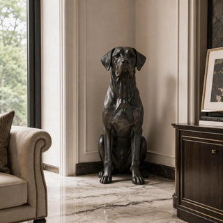 Large bronze sitting dog sculpture for luxury garden, villa entrance and patio decor