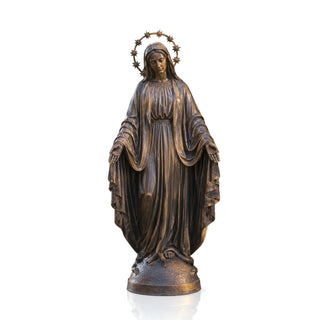 Large bronze Virgin Mary monument for outdoor church landscapes, cemeteries, and religious memorial gardens.