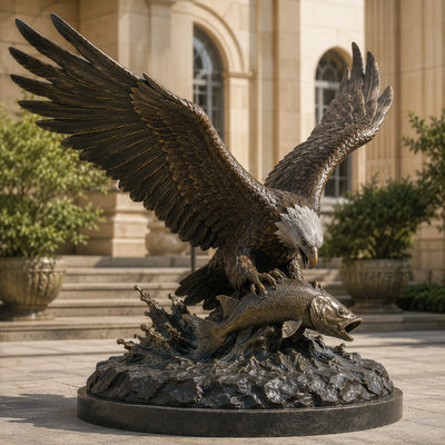 Large outdoor bronze bald eagle statue with spread wings catching a fish for public parks and landscape projects