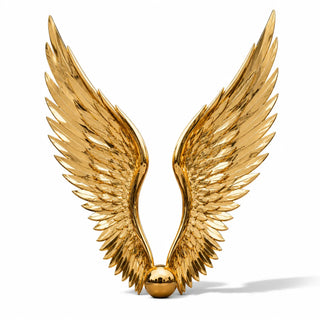 Stainless steel angel wing sculpture featuring layered feather details and a high gloss brass tone mirror finish