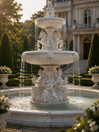 European style natural marble fountain with carved figurines for luxury resort and private estate outdoor.