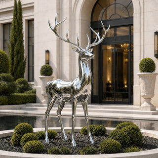 Modern stainless steel deer sculpture for hotel entrance resort courtyard and commercial landscape design