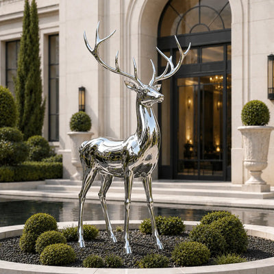 Modern stainless steel deer sculpture for hotel entrance resort courtyard and commercial landscape design