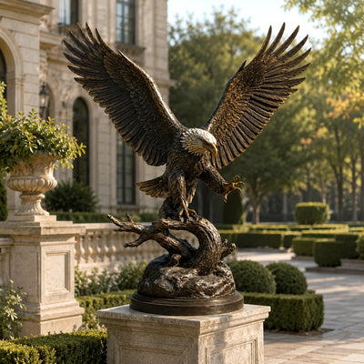 Handcrafted bronze bald eagle sculpture with spread wings for luxury gardens, estates, and outdoor landscape.