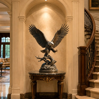 Handcrafted bronze bald eagle sculpture with spread wings for luxury gardens, estates, and outdoor landscape.