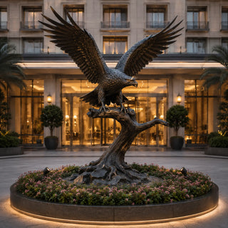 Custom bronze wildlife eagle statue featured in a luxury estate garden and public art installation