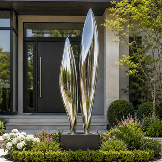 Contemporary stainless steel metal art sculpture for modern landscape and architectural outdoor spaces