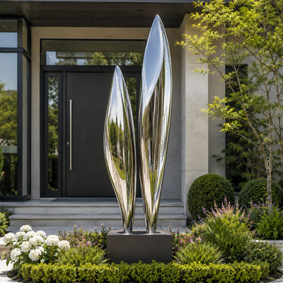 Contemporary stainless steel metal art sculpture for modern landscape and architectural outdoor spaces