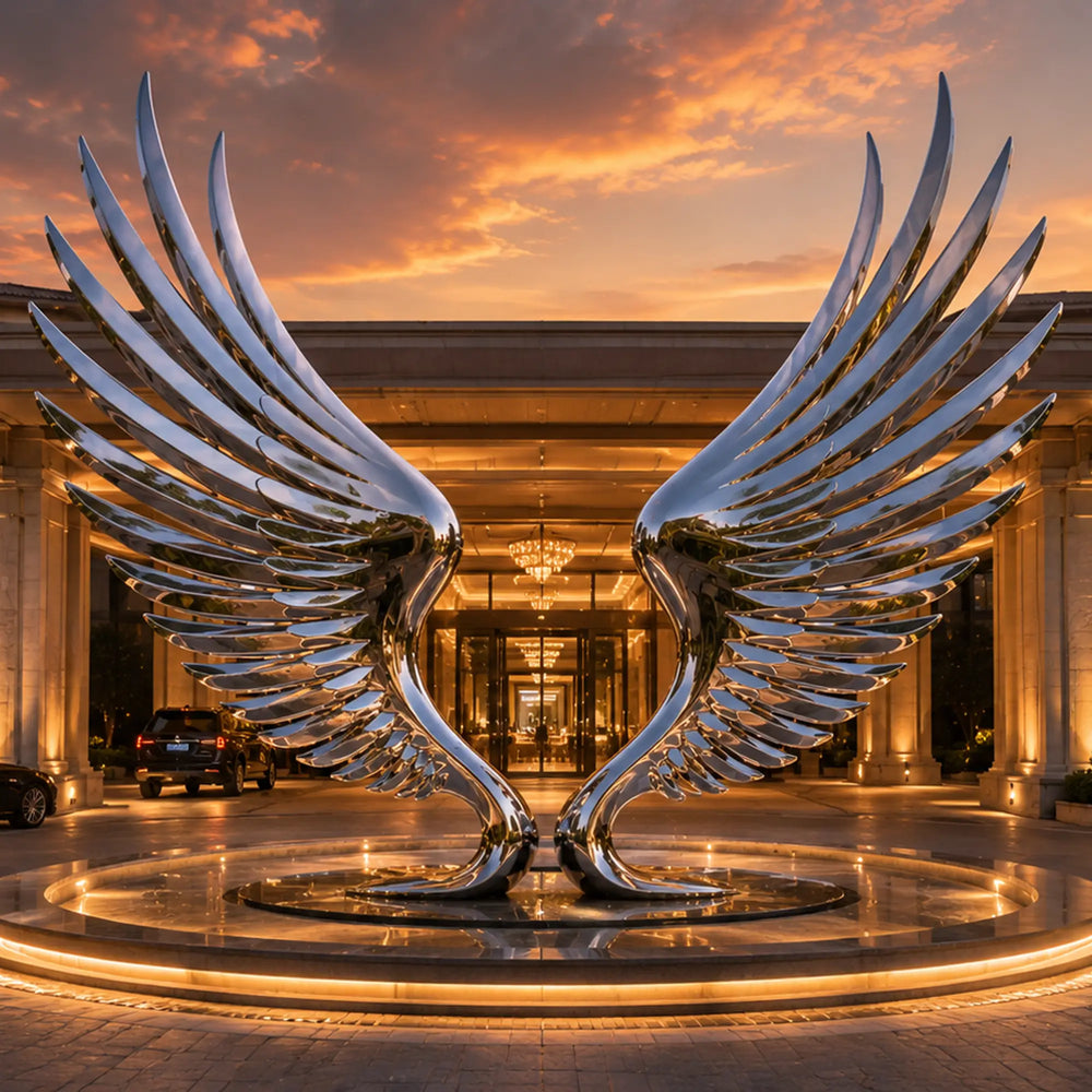 Mirror finish metal wing sculpture, modern abstract stainless steel art for commercial building plaza and hotel landscape