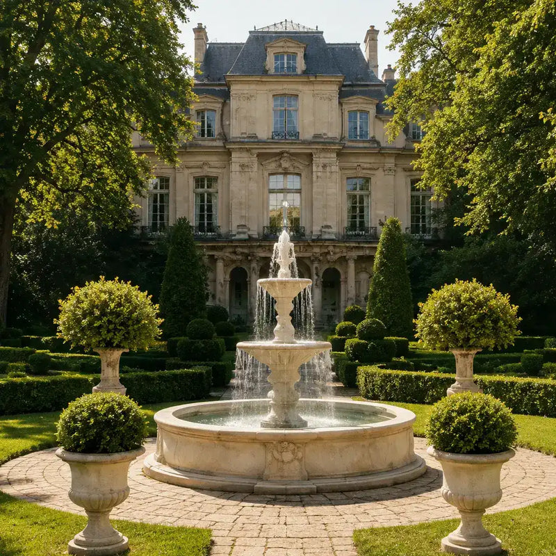 white marble garden fountain, life-size classical water sculpture for mansion courtyard and landscape.